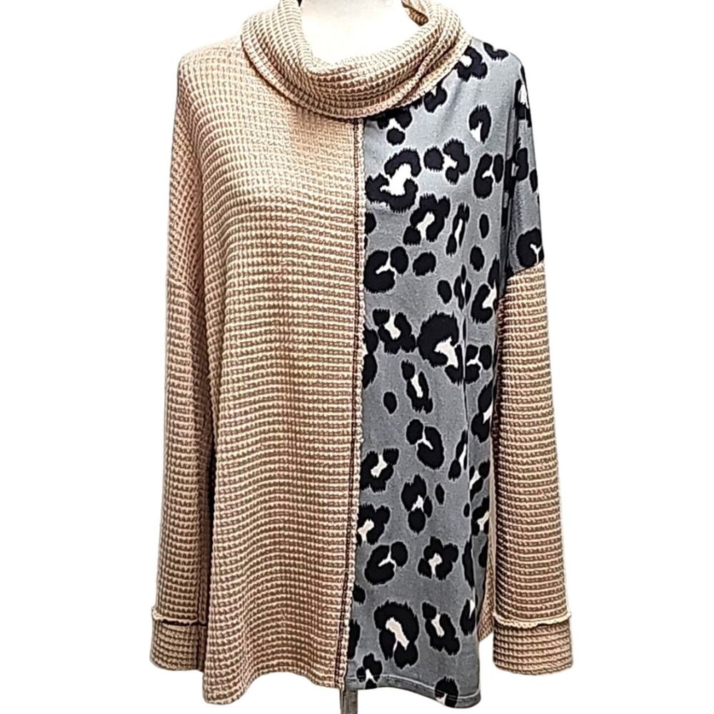 BiBi Women Waffle Knit Cowl Neck Long Sleeved Mixed Material Top Sweater Size XL